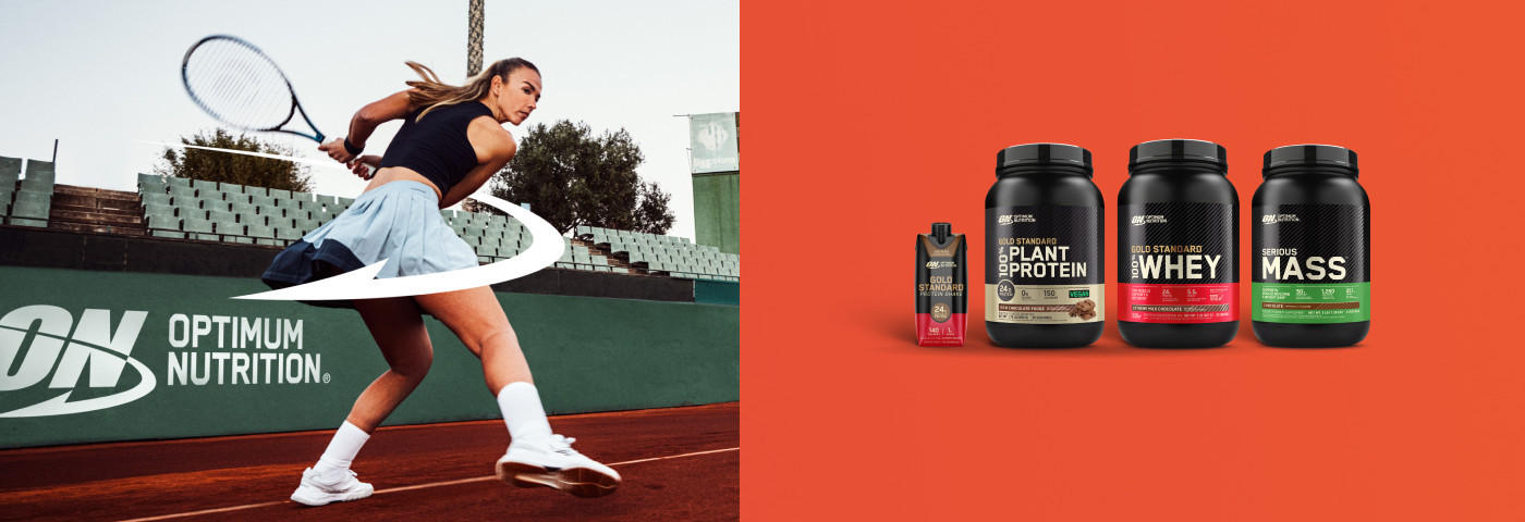 woman playing tennis, ON products on right