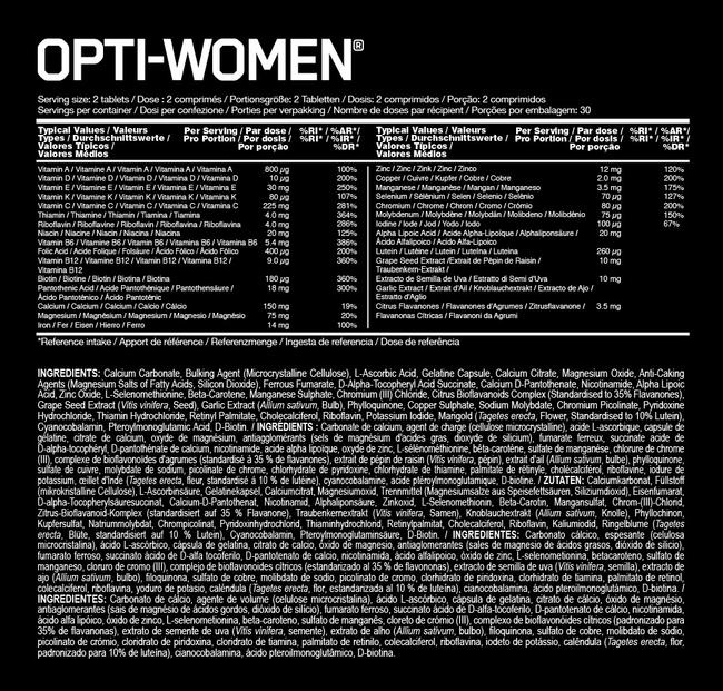 Opti-Women Multivitamin Tablets Nutritional Information 1